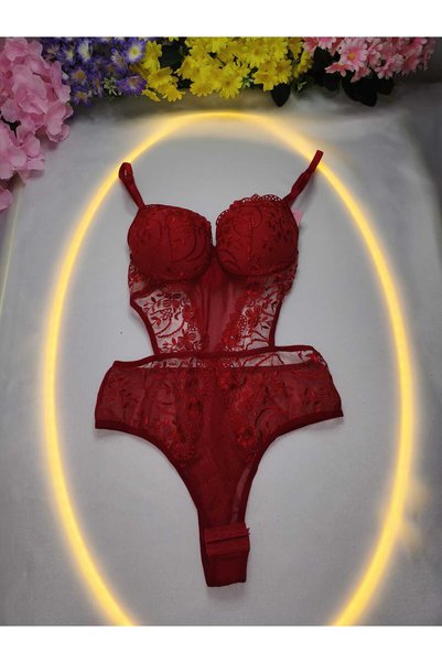 Kadın Kırmızı Çiçek Dantelli Destekli Balenli Şık Body