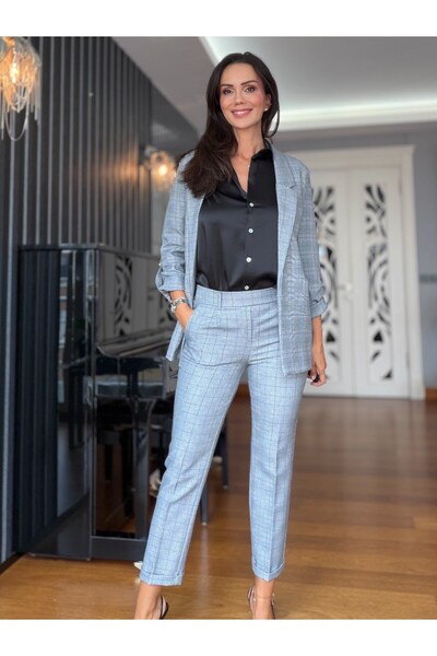 Atelier Derin Gri Mavi Ekose Pantolon Ceket Takım