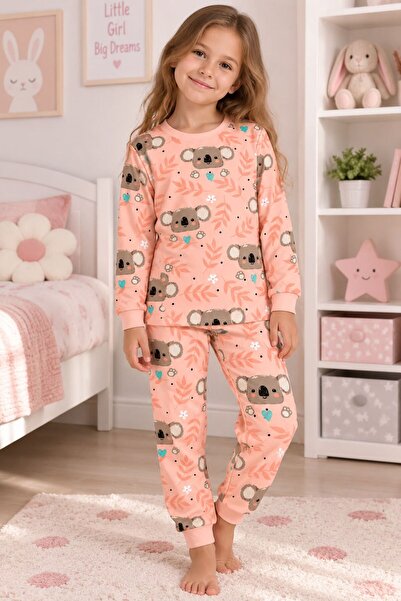 Kız Çocuk %100 Pamuklu Yavruağzı Koala Desenli Uzun Kollu Pijama Takımı