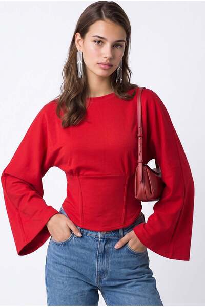 Mixray 2238 Corset Detailed Spanish Sleeve Blouse Red