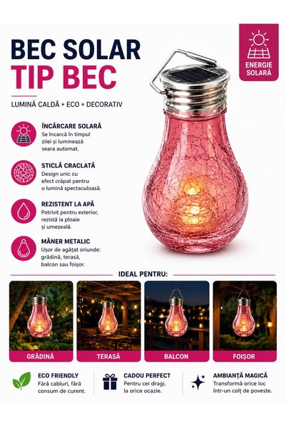 Rothoplast Solar hanging light bulb, pink glass with cracked effect