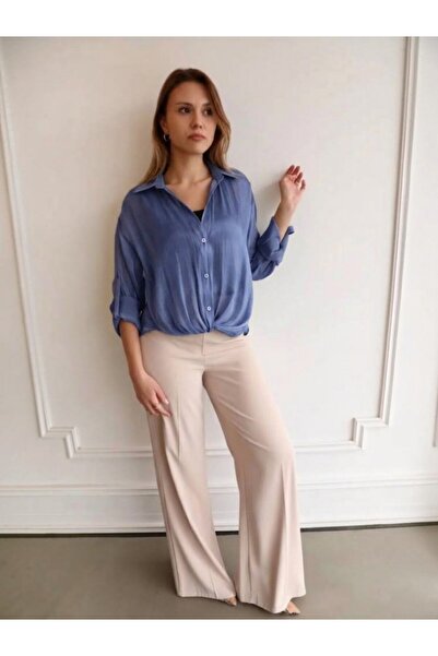 AYHAN Shiny Textured Organza Blouse with Knot Detail