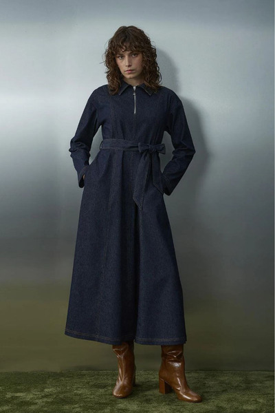 Loreen Pocket Detailed Zippered Denim Dress-Blue Blue