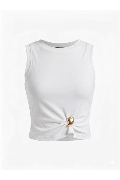 Crep Crew Neck Zero Sleeve Buckle Blouse - Ecru Ecru