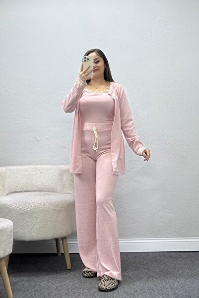 BELENDİR Women's Soft Lace Detailed Three-Piece Home Wear Set Pink