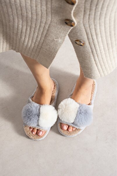 Moda Devrin Women's Gray Double Pompom Plush Slippers, Soft Sole House Slippers