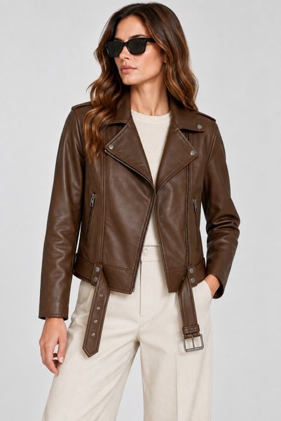 Basics&More Basics & More Kadın Biker Hakiki Deri Ceket Kemerli Fermuarlı Bel...