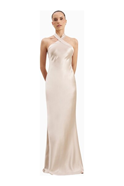 BECAUSE OF ALICE Satin Cross Strap Halter Gown Maxi Women's Dress