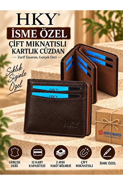 HKY İsme Özel Hakiki Deri Çift Mıknatıslı Erkek Cüzdan Kartlık – Çok Bölmeli ...