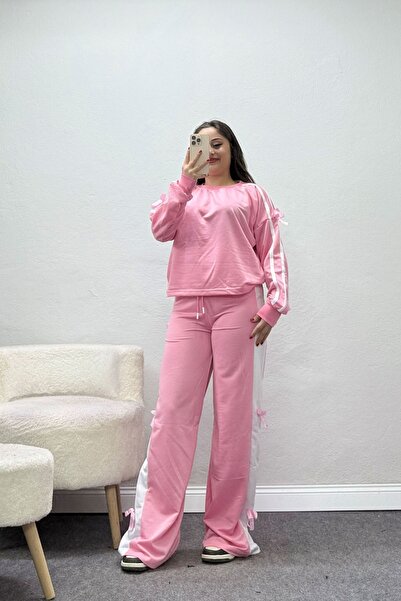 BELENDİR Women's Ribbon 2 Thread Tracksuit Set Pink-White
