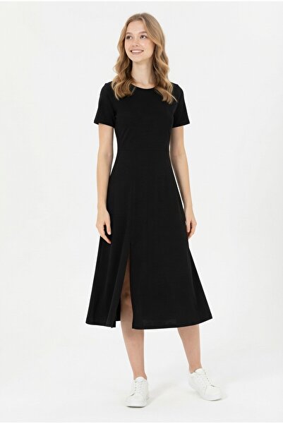Şeker Portakalım Women's Crew Neck Short Sleeve Front Slit Stylish Casual Dress