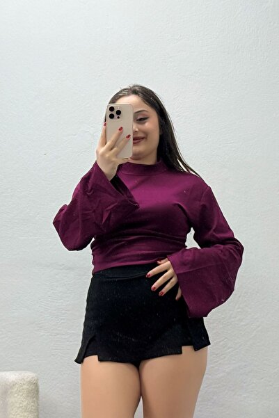 BELENDİR Women's Kimono Sleeve Stand Collar Blouse Plum