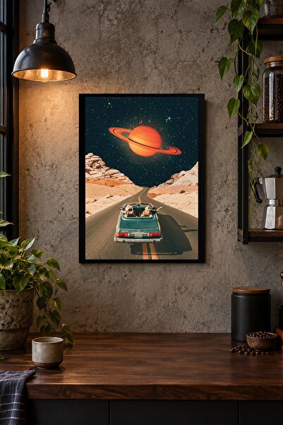 Gezegenli Yol ve Klasik Otomobil Desenli Dekoratif MDF Tablo, Çerçeve Görünümlü Ahşap Poster