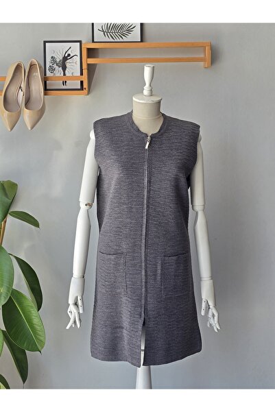 ENDAMIM Long Line/Wave Pattern Vest with Pockets and Zipper Large Size Vest