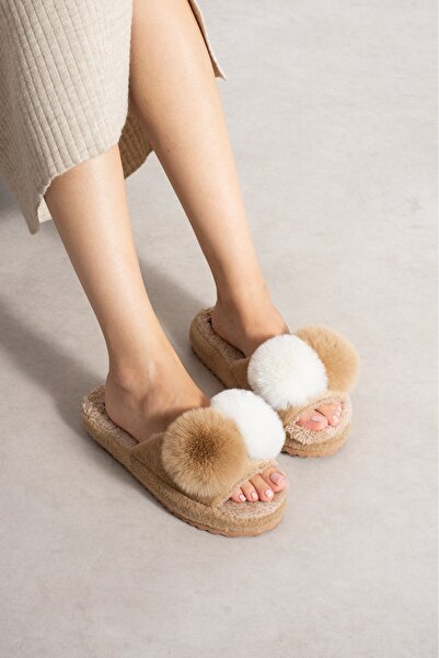 Moda Devrin Women's Mink Double Pompom Plush Slippers, Soft Sole Home Slippers