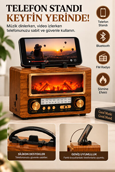 Omaze Nostaljik Bluetooth Hoparlör Retro Radyo FM/AM Şömine Efektli Telefon Standlı Taşınabilir Ahşap Görünümlü Ses Sistemi