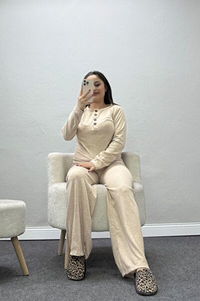 BELENDİR Women's Soft Buttoned Collar Home Wear Set Beige