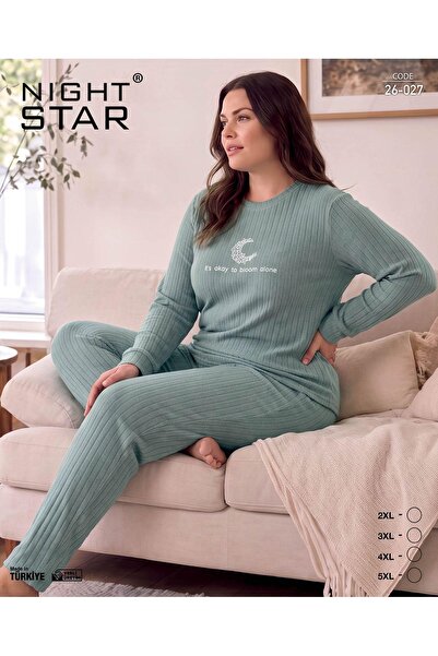 Night Star طقم بيجامة روما قطني محبوك مطبوع عليه قمر النعناع مقاس كبير