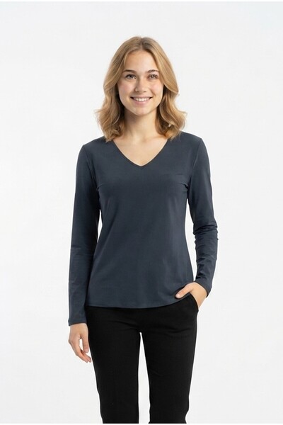 Generic Brand Women's V-Neck Solid Long Sleeve Stretchy Fabric Casual Comfy Blouse