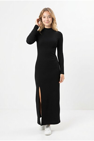 Şeker Portakalım Women's Turtleneck Slit Long Sleeve Ribbed Stylish Casual Dress