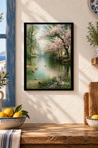 Pembe Çiçekli Göl Manzarası Desenli Dekoratif MDF Tablo, Çerçeve Görünümlü Ahşap Poster