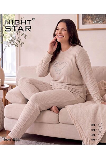 Night Star طقم بيجامة روما قطني محبوك بطبعة قلب باللون البيج مقاس كبير