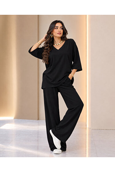 Missrelda Moda Kadın v Yaka Truvakar Kol Bluz ve Pantolon İkili Rahat Kalıp T...