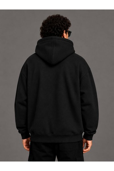 Deep sense Men's Black Hooded Zip-Up Oversized Brushed Inside Printed Sweatshirt Winter School Cardigan