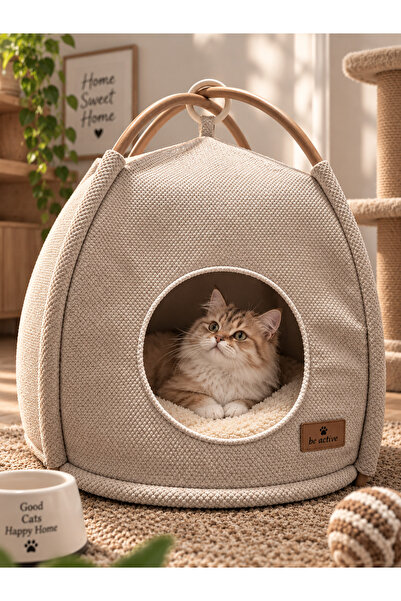 BE ACTİVE Kedi Evi Ahşap Detaylı Çıkarılabilir Yumuşak Minderli Kapalı Kedi Y...