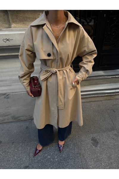 Ekim Store Long Half-Cape Buttoned Belted Trench Coat