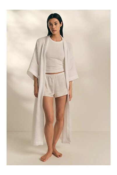 THE WHITE COMPANY رداء حمام نسائي طويل من القطن العضوي بنمط الوافل