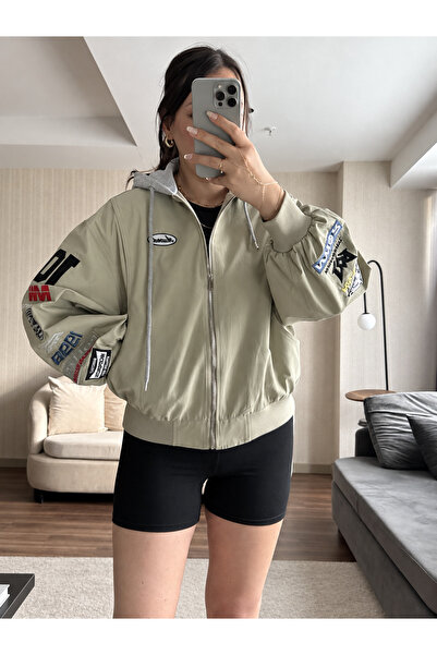 Ekim Store Gray Hooded Embroidered Zippered Bomber Jacket