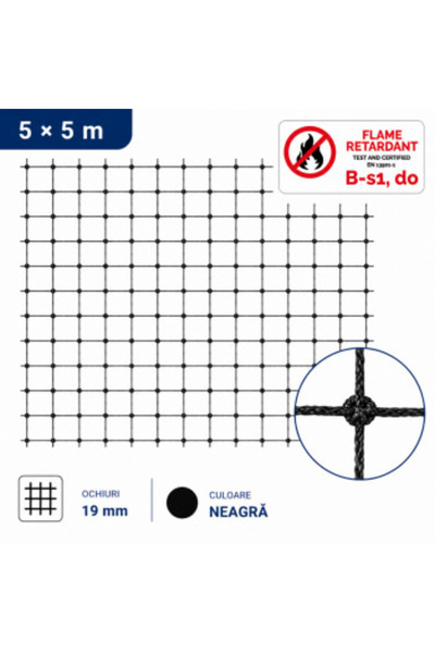 Sae Plasă anti-păsări ignifugă (Negru) 5x5 m cu ochiuri de 19 mm 50530