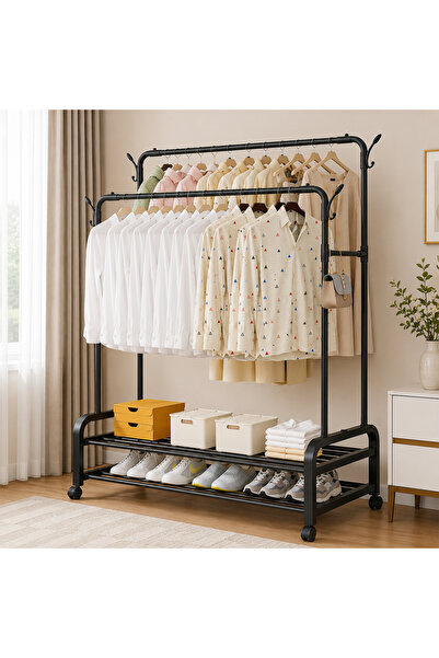 KLNAMAEAAN Double Rod Clothes Rack with Wheels, 2-Tier Garment Rack with Shoe...
