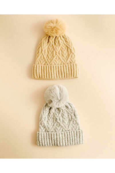 REDTAG Women Beige And Grey Pom Pom Beanies 2 Piece Set