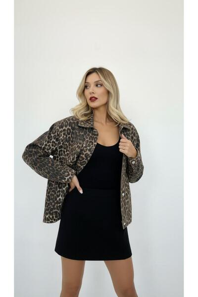 Kadın Leopar Desenli Oversize Denim Ceket