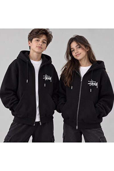 HAI COLLECTİON Unisex Gri 3 İplik Fermuarlı Kapüşonlu Oversize Baskılı Sweats...
