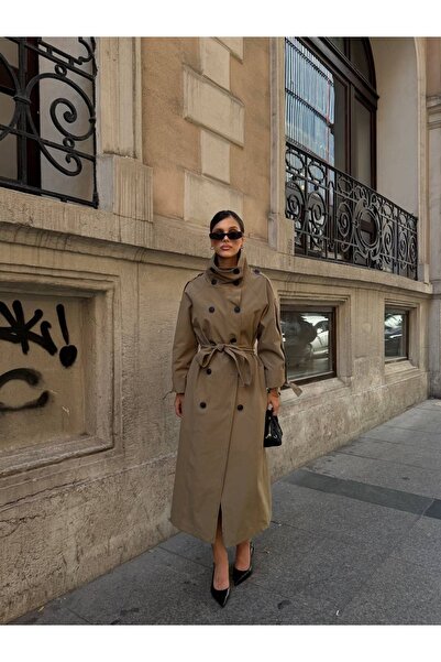 Ekim Store Long Araboy High Collar Belted Double-Breasted Trench Coat