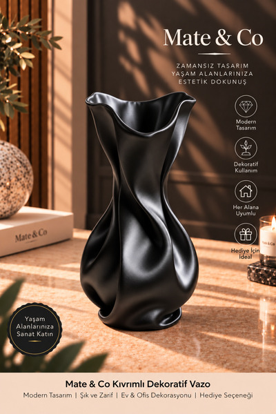 Mate&Co Kıvrımlı Tasarım Dekoratif Vazo Modern Şık Salon Masa Sehpa Dekoru