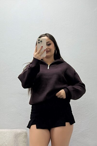 BELENDİR Women's Cotton Knitwear Zippered High Collar Sweatshirt Light Brown