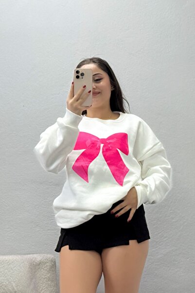 BELENDİR Women's Crew Neck Printed Sweatshirt Ecru