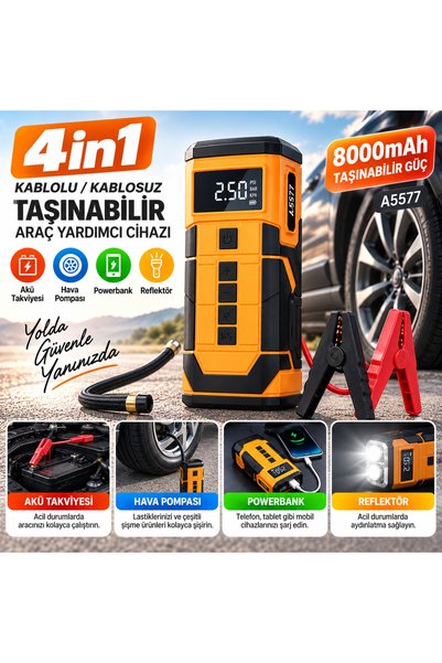 yusa stores A5577 4'ü 1 Arada Akü Takviyeli Şarjlı Hava Pompası 8000 mAh - 14.4V 200 Amper Powerbank Dijital Led