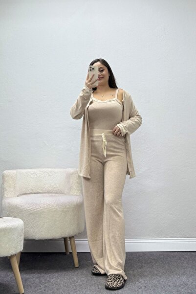 BELENDİR Women's Soft Lace Detailed Three-Piece Home Wear Set Beige
