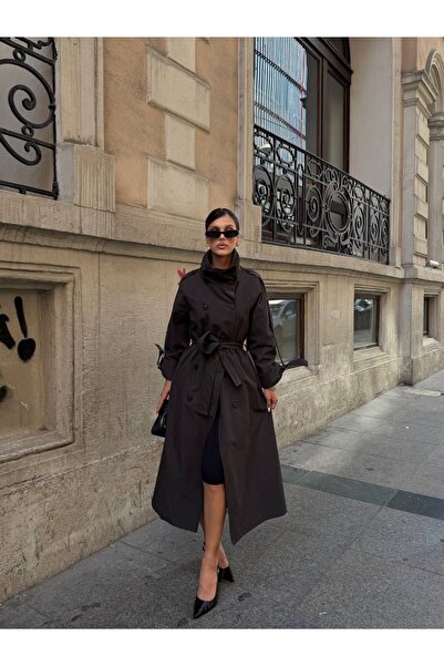 Ekim Store Long Araboy High Collar Belted Double-Breasted Trench Coat