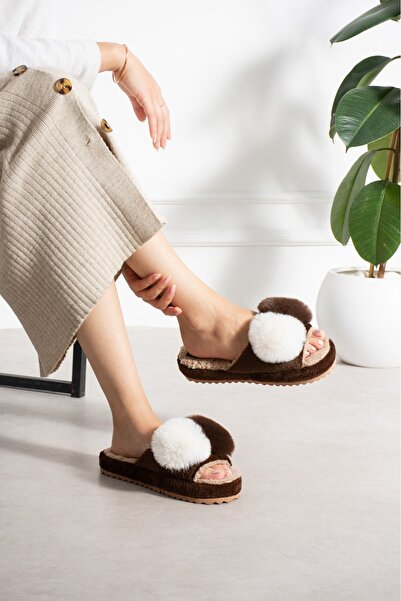 Moda Devrin Women's Brown Double Pompom Plush Slippers, Soft Sole House Slippers