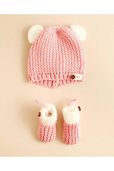 REDTAG Girls Pink Knitted Cap And Booties 3 Piece Set