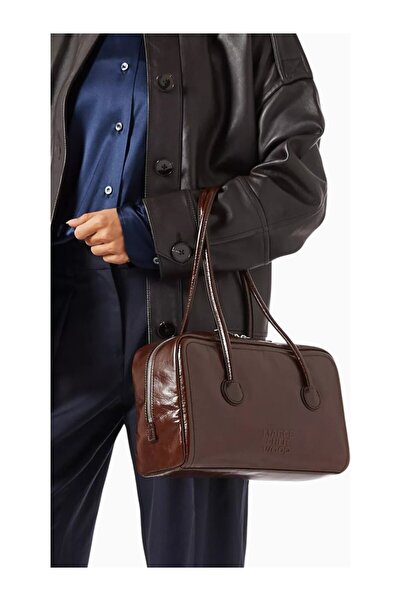 MARGE SHERWOOD Boston Handmade Leather Shoulder Bag with Long Handle and Orga...