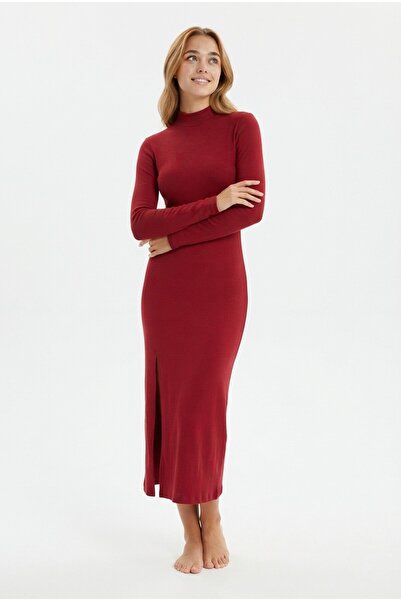 Şeker Portakalım Women's Turtleneck Slit Long Sleeve Ribbed Stylish Casual Dress