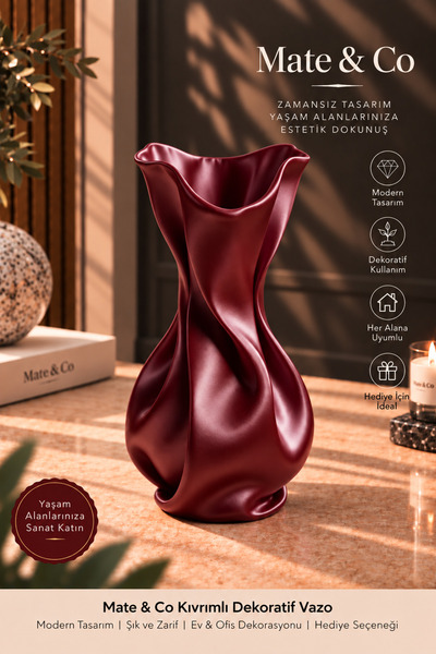 Mate&Co Kıvrımlı Tasarım Dekoratif Vazo Modern Şık Salon Masa Sehpa Dekoru