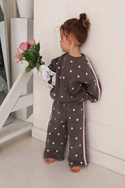 Kidmark Çocuk Modası Girl's Heart Polka Dot Gray 100% Cotton Top and Bottom Set